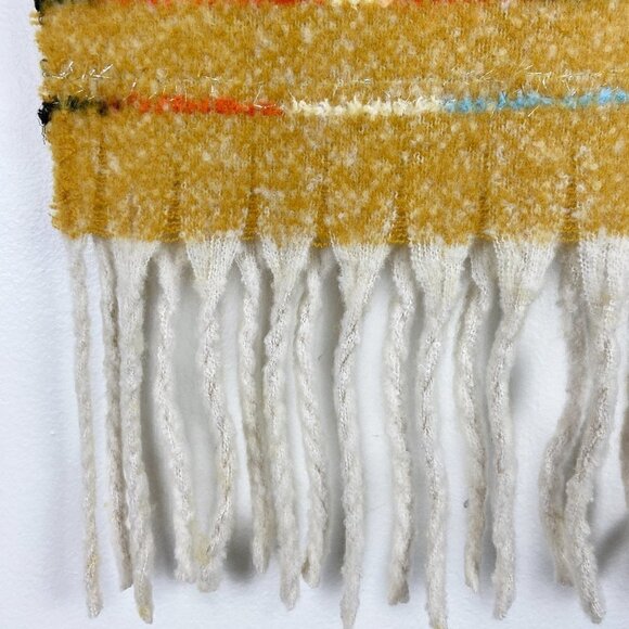 Cozy Super Soft Mustard Yellow Scarf. Fuzzy striped design, fringe detail - Picture 7 of 9